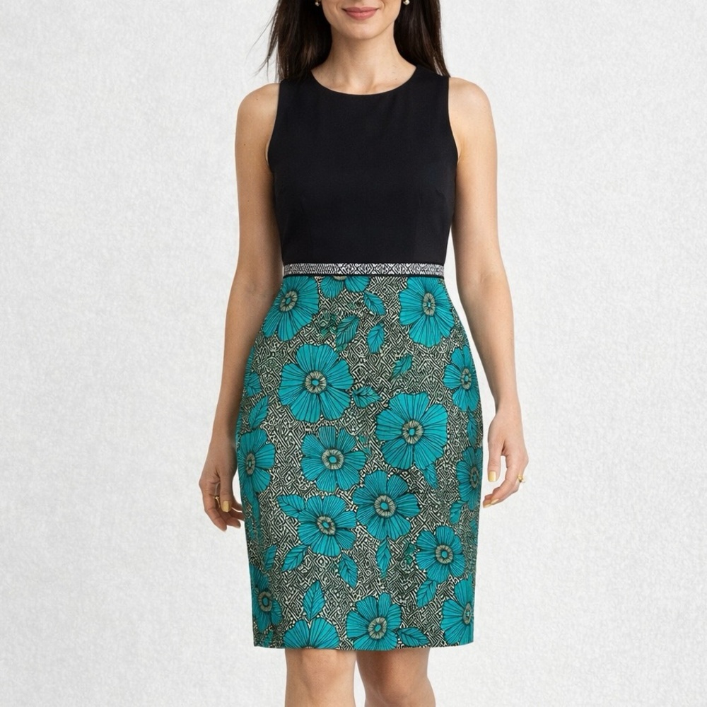 Maggie London Floral Midi Dress Sleeveless Black Teal Blur Size 4